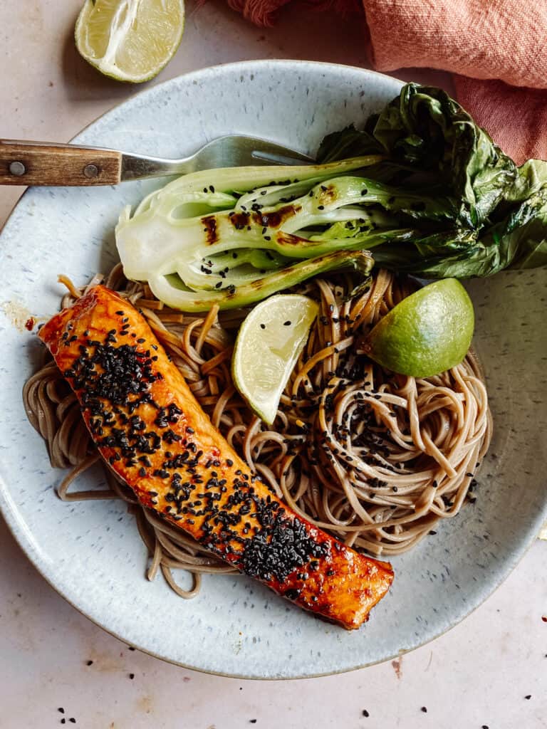 honey soy salmon, soba noodles, pak choi